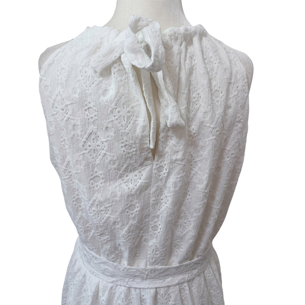 White Eyelet Lace Size Large Halter Neck Tie Waist Dress Summer Cottagecore - Picture 7 of 9